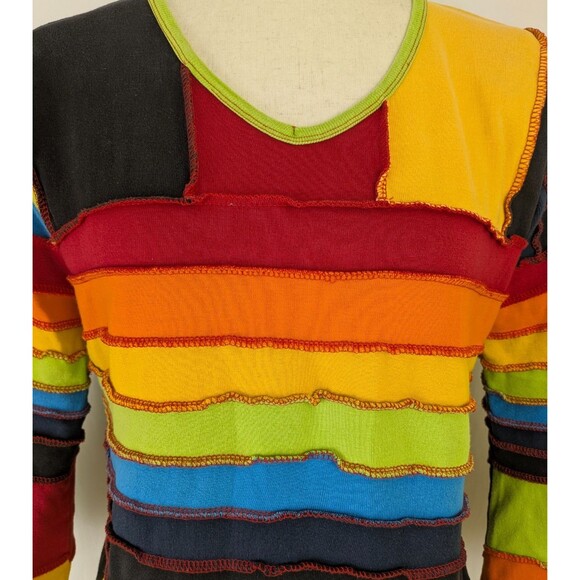 Topaz Pullover Size XL Colorblock Patchwork Nepal Bell Sleeve V-Neck Top - Picture 2 of 7